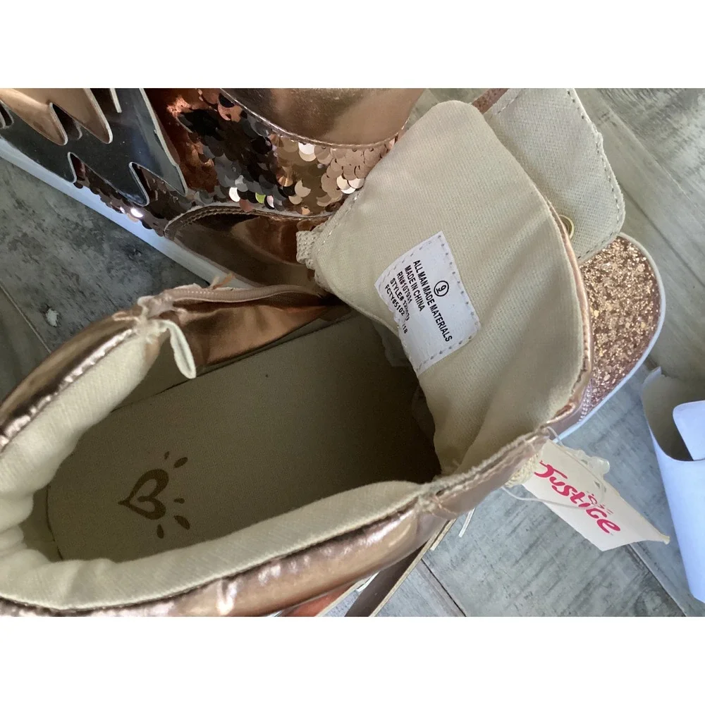 Justice Girls Rose Gold Sequin Winged High Top Sneakers Size 9 Glitter Metallic